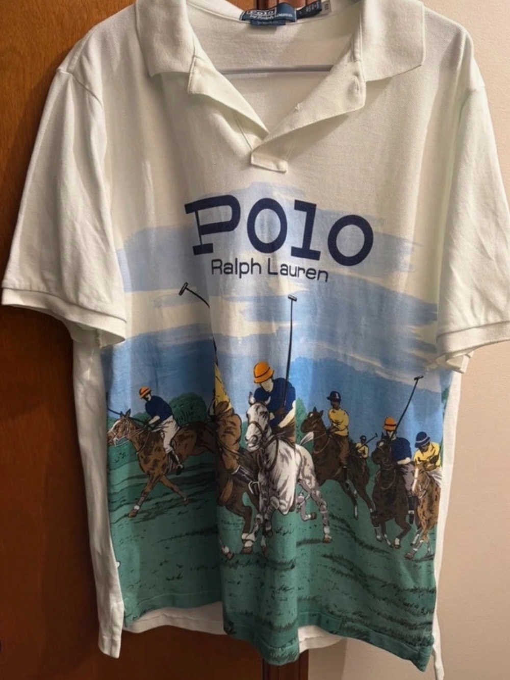Sz L Men’s Ralph Lauren White Polo Shirt with polo players & horses scene